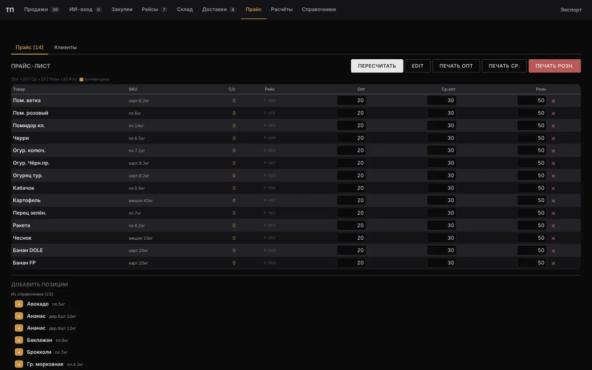 Trade System: Price list